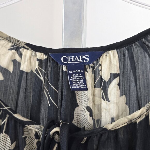 Chaps Tie Keyhole Neckline Sheer Floral Print Top Black Beige XL - Picture 3 of 5